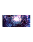 Cosmic whirlpool galaxy desk mouse pad, 28x12 inches, with star-speckled clouds and a bright core.