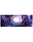 Cosmic whirlpool galaxy desk mouse pad 32x12 inches with star-speckled shadows and cloudy streaks.