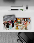 28x12 inches anime mouse pad in rust reds and smoky creams, gritty late-night lab mood with sharp stares.