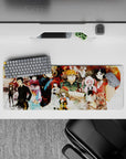 32x12 inches anime mouse pad in rust reds and smoky creams, gritty late-night lab mood.