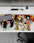 Rust red and smoky cream 36x16 inches anime desk pad, gritty late-night lab mood and quiet stares.