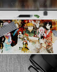 Rust red and smoky cream 40x20 inches anime desk pad, gritty lab mood with glitch textures and sharp eyes.