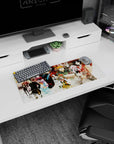 28x12 inches anime mouse pad featuring stern black-clad scientist, pink-hat girl, and hoodie figure in a lab collage.