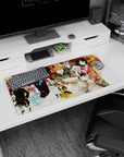 32x16 inches anime mouse pad featuring stern black-clad scientist, pink-hat girl, and hoodie figure in a lab collage.