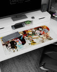 36x16 inches anime desk pad featuring stern scientist in black with girl in pink hat and hooded figure.