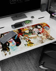 Stern black-clad scientist beside girl in pink hat on a 40x20 inches anime desk pad with scribbled formulas.