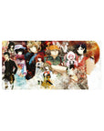 32x16 inches anime mouse pad with scientist collage, equations, gears, and glitch textures on rust cream tones.