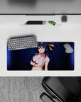 Akeno Himejima anime mouse pad, 28x12 inches, featuring her in a violet bikini with gold accents against a navy damask pattern.