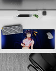 Akeno Himejima anime mouse pad, 32x12 inches, showcasing her in a violet bikini with gold accents and navy damask pattern.