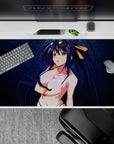 Akeno Himejima desk pad 40x20 inches with navy damask pattern, violet bikini, gold accents from High School DxD.