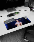 Akeno Himejima anime mouse pad, 28x12 inches, features her in a violet bikini with gold accents, navy damask pattern.