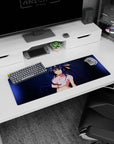 High School DxD 32x12 inch mouse pad featuring Akeno Himejima in sunglasses, violet bikini, and elegant navy damask pattern.