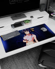 Akeno Himejima anime desk pad, 36x16 inches, featuring her in a violet bikini with gold accents, navy damask pattern.