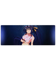 Akeno Himejima from High School DxD in sunglasses and violet bikini on a 32x12 inch anime mouse pad with navy damask pattern.