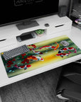 Artistic 36x16 inches desk pad featuring koi fish and cherry tree design, with shimmering koi beneath crimson cherries for balance and serenity.
