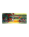 Mouse pad featuring koi fish and cherry tree design, 28x12 inches, with vibrant koi and crimson cherries, symbolizing peace and natural beauty.