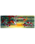 Compact 32x12 inches mouse pad with koi fish and cherry tree design, with vibrant koi gliding beneath crimson cherries for a tranquil workspace.