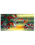 Mouse pad featuring koi fish and cherry tree design, 32x16 inches, with vibrant koi and lush crimson cherries symbolizing peace and prosperity.
