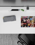 Warm café tones with bright pink scarf, red chair, shiny silver armor anime mouse pad, 14x10 inches.