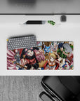 Colorful anime mouse pad 28x12 inches with warm café tones, bright scarf pink, shiny armor, and cozy clutter.