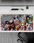 Vibrant warm café tones anime mouse pad 32x16 inches with pink scarf pop, bright blond, and shiny armor.