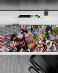 Warm café tones with bold pink scarf and bright reds, cheerful anime desk pad 36x16 inches.