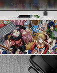 Warm cafe tones anime desk pad 40x20 inches with bright scarf, silver armor shine, and lively color.