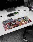 Natsu grinning with goggles up beside Lucy in a red chair on a Fairy Tail mouse pad 32x12 inches.