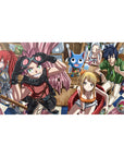 Fairy Tail anime desk pad 40x20 inches with Natsu, Lucy, Gray, Erza, and Happy in a cozy cafe scene.