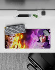 28x12 inches anime mouse pad with fiery orange vs cool purple aura, balanced calm-and-spark vibe.