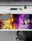 36x16 inches extended mouse pad in fiery orange vs deep purple, calm-and-spark rivalry vibe.