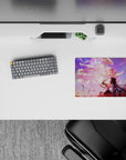 14x10 inches anime desk mouse pad in pink, purple and sunset peach haze, dreamy late-night vibe.
