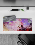 28x12 inches anime desk pad in dreamy pinks, purples, and peach haze with soft glowing angelcore mood.