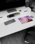 Anime girl mouse pad 14x10 inches showing glowing angel girl facing a dark winged beauty above red lilies.