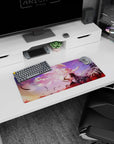 28x12 inches anime girl mouse pad showing a glowing angel girl facing a dark winged beauty above red lilies.