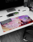 Anime girl desk pad 36x16 inches showing an angelic girl facing a dark winged beauty among lilies.