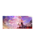28x12 inches anime girl mouse pad with cosmic swirls, feathers, spider lilies, and sunset cloud backdrop.
