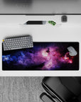 Dark space mouse pad 32x12 inches in violet haze with electric blue and magenta glow, late-night vibe.