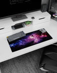 Inky space nebula scene mouse pad 28x12 inches, like a window to the cosmos with tiny star specks.
