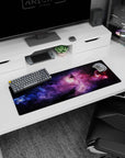 Cosmic window scene mouse pad 32x12 inches showing magenta clouds and tiny stars over a dark backdrop.
