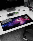 Space window desk pad 36x16 inches featuring a starry nebula scene with glowing swirls across the surface.