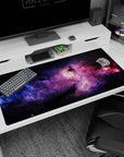 Nebula window scene desk pad 40x20 inches with glowing galactic clouds and tiny star specks.