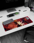 Artistic 32x12 inches mouse pad featuring Eren Yeager in Attack Titan form with fiery, grunge design for dramatic impact.