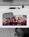 28x12 inches anime mouse pad in lavender sky, charcoal scales, magenta streaks, teal accents.