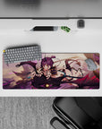 32x12 inches anime girl mouse pad in lavender skies, charcoal scales, magenta streaks, teal straps.