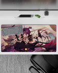 32x16 inches anime girl mouse pad in lavender sky, charcoal scales, neon magenta streaks and teal straps.
