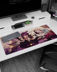 Horned anime succubus rider on a shadow dragon desk pad 36x16 inches, grinning with katana.