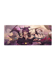 28x12 inches anime girl mouse pad with horned rider on shadow dragon, katana, neon straps.