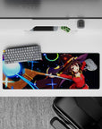 Megumin mouse pad 32x12 inches, featuring her casting Explosion with neon colors, electric blues, vivid reds, and starry magic.