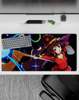 Anime mouse pad 32x16 inches featuring Megumin from KonoSuba casting Explosion, with neon colors and magical details.